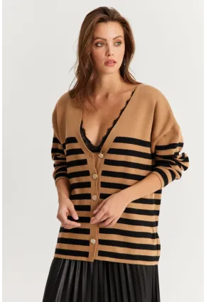 Kadın Camel-Siyah Çizgili Triko Hırka CNG3