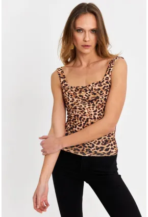 Kadın Camel-Siyah Degaje Yaka Askılı Leopar Atlet GÇ199