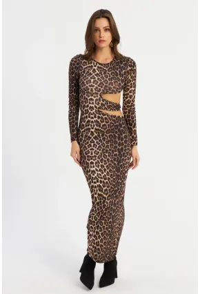 Kadın Camel-Siyah Dekolteli Leopar Maxi Yılbaşı Elbise LİK9