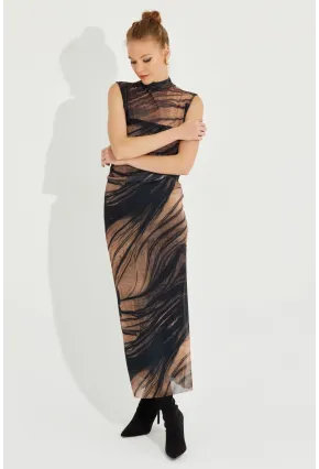 Kadın Camel-Siyah Desenli Maxi Tül Elbise RMZ21181