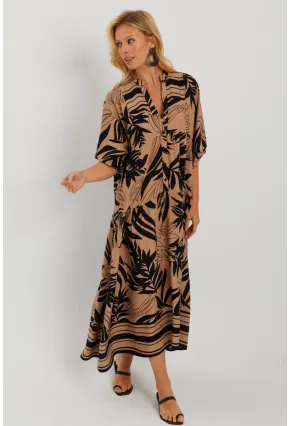 Kadın Camel-Siyah Desenli Salaş Maxi Elbise GÇ166