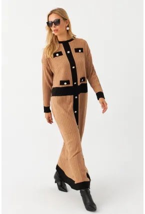Kadın Camel-Siyah Düğme Detaylı Maxi Elbise MTC3201