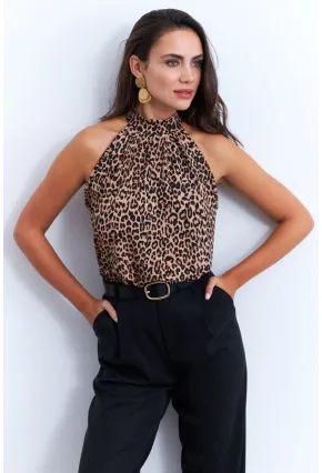 Kadın Camel-Siyah Halter Yaka LeoparDesenli Bluz LPP1273