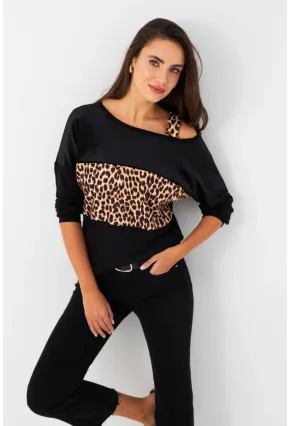 Kadın Camel-Siyah Kadife Bloklu Leopar Desenli Sweatshirt ST097