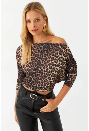 Kadın Camel-Siyah Kayık Yaka Leopar Bluz DMR382-1