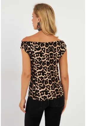 Kadın Camel-Siyah Kayık Yaka Leopar Bluz LPP1288