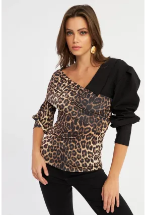 Kadın Camel-Siyah Kruvaze Leopar Bluz LİK8