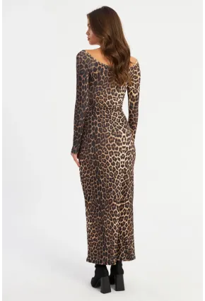 Kadın Camel-Siyah Kruvaze Leopar Maxi Elbise LİK11