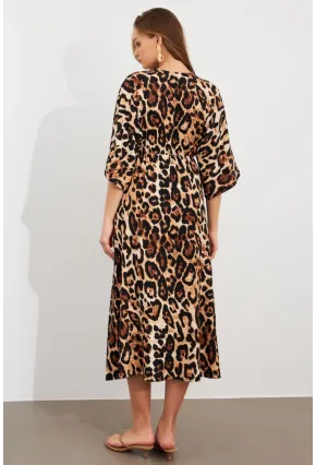 Kadın Camel-Siyah Kruvaze Leopar Midi Elbise KAB306
