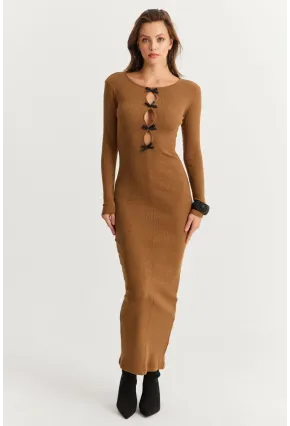 Kadın Camel-Siyah Kurdele Detaylı Kaşkorse Maxi Yılbaşı Elbise XL2043