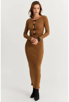 Kadın Camel-Siyah Kurdele Detaylı Kaşkorse Maxi Yılbaşı Elbise XL2043