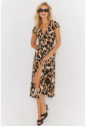 Kadın Camel-Siyah Kuruvaze Bağlamalı Leopar Desenli Midi Elbise EY2896