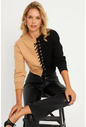 Kadın Camel-Siyah Kuşgözlü Kısa Sweatshirt TF02