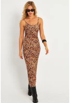 Kadın Camel-Siyah Leopar Askılı Maxi Yılbaşı Elbise GÇ184