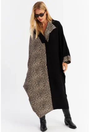 Kadın Camel-Siyah Leopar Bloklu Maxi Elbise MALO15