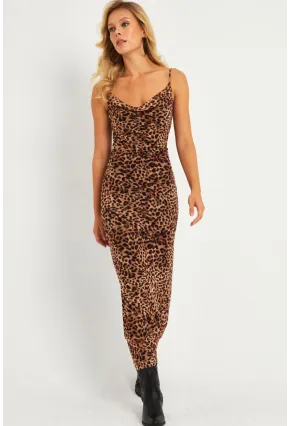 Kadın Camel-Siyah Leopar Desenli Astarlı Midi Yılbaşı Elbise GÇ180