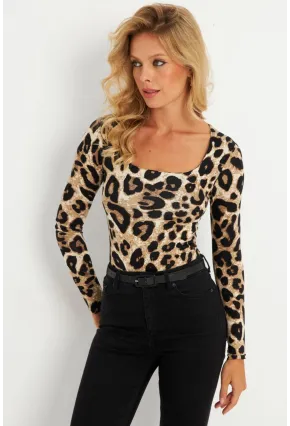 Kadın Camel-Siyah Leopar Desenli Bluz LPP003