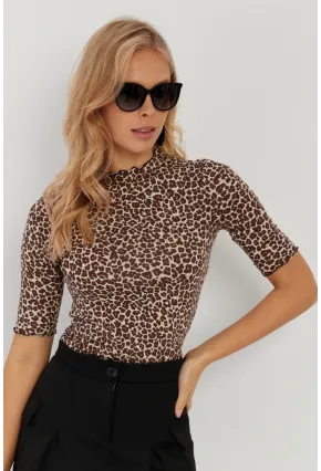 Kadın Camel-Siyah Leopar Desenli Bluz LPP1264