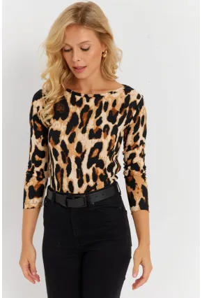 Kadın Camel-Siyah Leopar Desenli Bürümcük Bluz EY2894