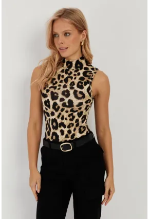 Kadın Camel-Siyah Leopar Desenli Kolsuz Bluz LPP1259