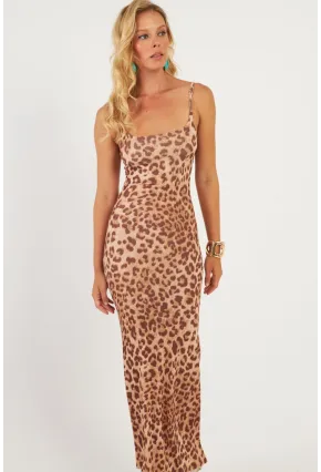 Kadın Camel-Siyah Leopar Desenli Maxi Elbise DMR283-1