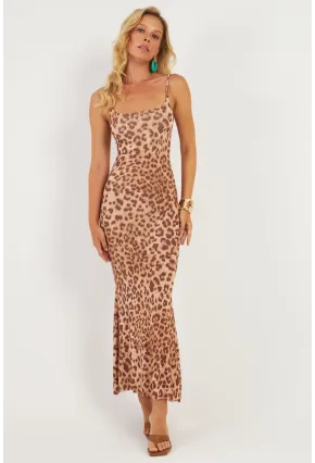 Kadın Camel-Siyah Leopar Desenli Maxi Elbise DMR283-1