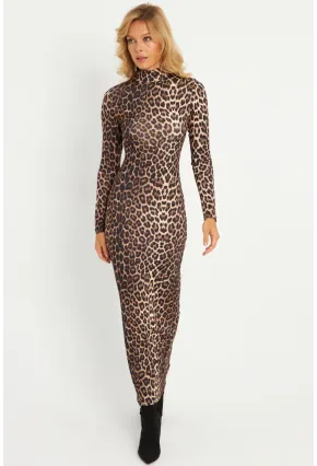 Kadın Camel-Siyah Leopar Desenli Maxi Yılbaşı Elbise LİK07