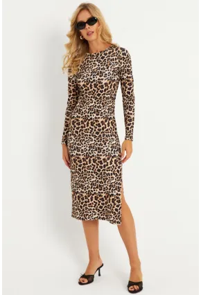 Kadın Camel-Siyah Leopar Desenli Midi Elbise YLE31