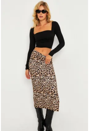 Kadın Camel-Siyah Leopar Desenli Midi Etek YLE21