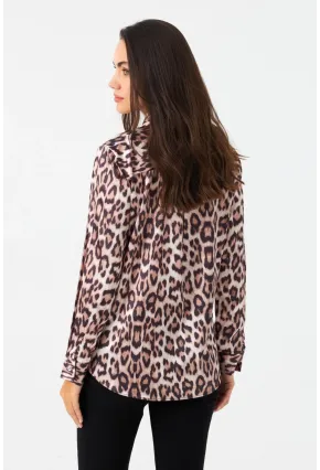 Kadın Camel-Siyah Leopar Desenli Saten Gömlek MRAD5901-1