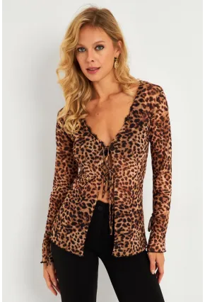 Kadın Camel-Siyah Leopar Desenli Tül  Bluz GÇ175