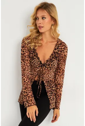 Kadın Camel-Siyah Leopar Desenli Tül  Bluz GÇ175