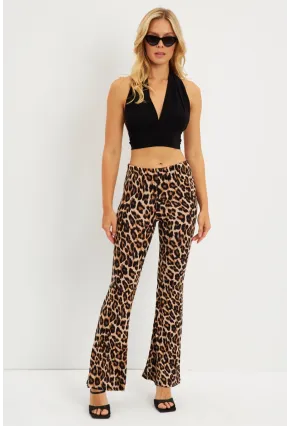 Kadın Camel-Siyah Leopar İspanyol Paça Pantolon LPP1278