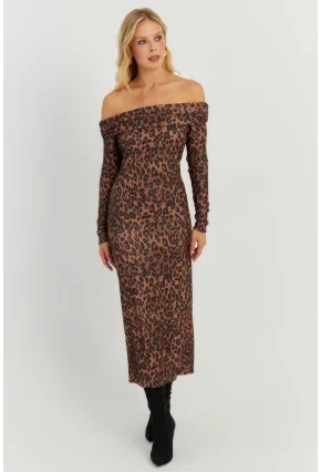 Kadın Camel-Siyah Leopar Madonna Midi Elbise RMZ21254