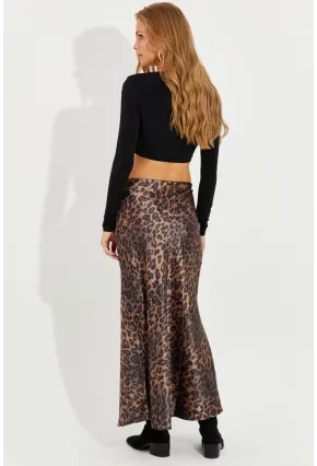 Kadın Camel-Siyah Leopar Maxi Saten Etek RMZ21152