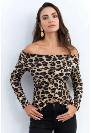 Kadın Camel-Siyah Madonna Yaka Leopar Bluz RLO77