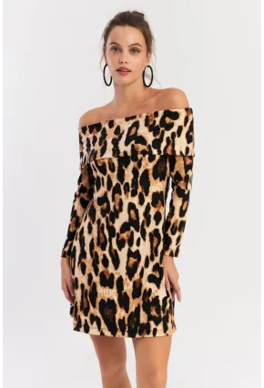 Kadın Camel-Siyah Madonna Yaka Leopar Mini Elbise EY2915