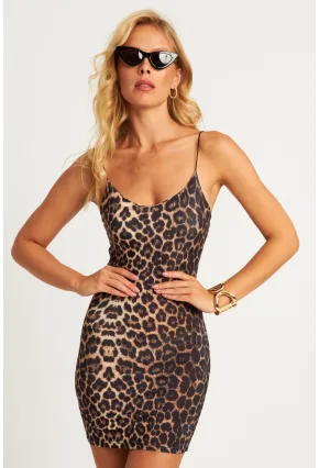 Kadın Camel-Siyah Mini Leopar Elbise MEN2059