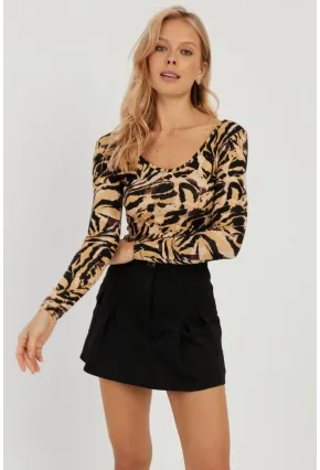 Kadın Camel-Siyah Ön Arka U Zebra Desenli Bluz LPP1266
