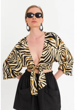 Kadın Camel-Siyah Önü Bağlamalı Crop Bluz TPG03