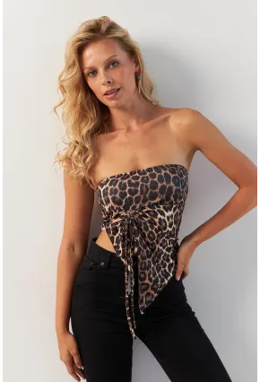 Kadın Camel-Siyah Önü Büzgülü Leopar Crop Bluz MON137