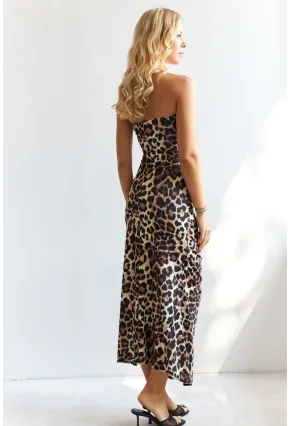 Kadın Camel-Siyah Önü Büzgülü Leopar Midi Elbise HC1591
