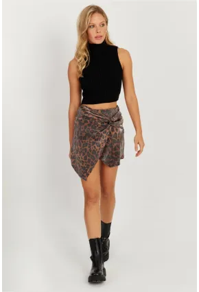 Kadın Camel-Siyah Önü Düğümlü Mini Leopar Etek NH89