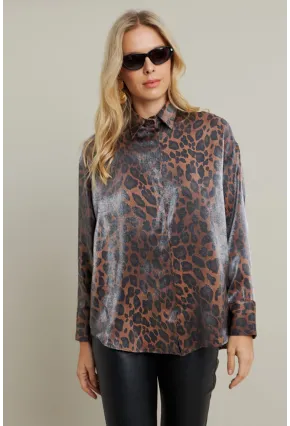 Kadın Camel-Siyah Parlak Leopar Salaş Gömlek MMİW1000