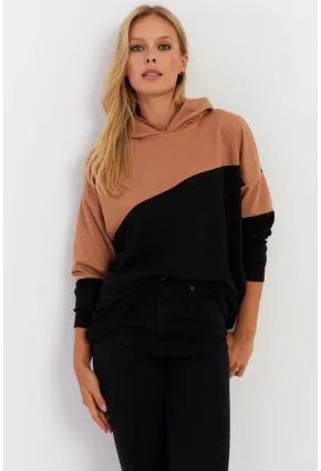 Kadın Camel-Siyah Renk Bloklu Kapüşonlu Sweatshirt DA148