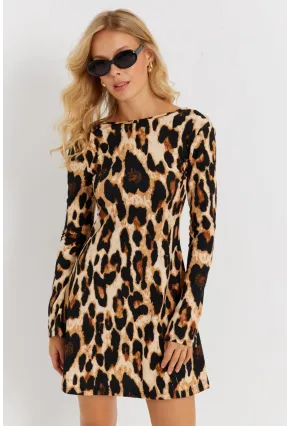 Kadın Camel-Siyah Sırtı Açık Leopar Desenli Midi Elbise EY2891