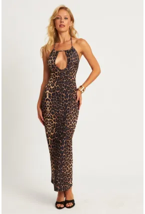 Kadın Camel-Siyah Sırtı Açık Leopar Midi Elbise MEN2060