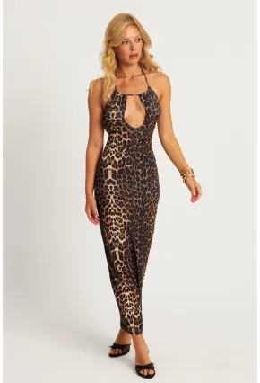 Kadın Camel-Siyah Sırtı Açık Leopar Midi Elbise MEN2060