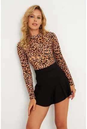 Kadın Camel-Siyah Sırtı Detaylı Leopar Desenli Bluz GÇ179