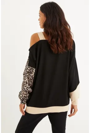 Kadın Camel-Siyah Tek Omuz Leopar Desen Bloklu Sweatshirt MBK231066